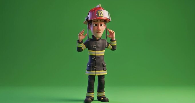 Animated firefighter character posing against green screen