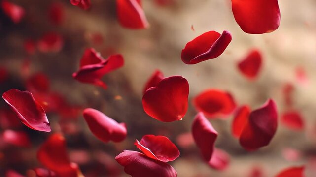 Romantic red rose petal flower falling bloom dreamy nature floating soft focus background