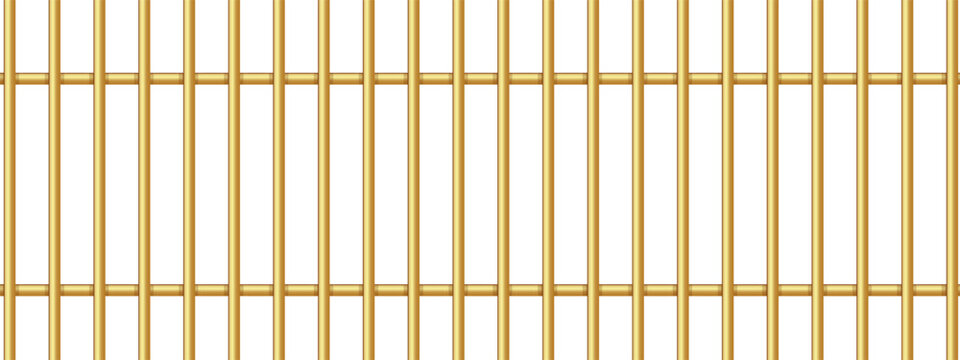 Realistic golden prison bars isolated on transparent background. Metal fence jail. Metal rods. Gold jail cage. Criminal grid background. Sentence and Criminal concept. Vector illustration.
