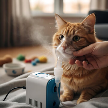 Woman giving inhaler to ginger cat for allergy treatment. 