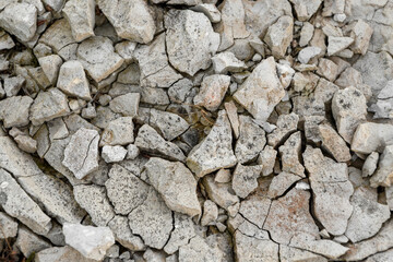 Fototapeta premium Gray broken pebbles close-up, frame filled, cracked dry earth