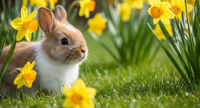 Small bunny sitting in green grass among yellow narcissus flowers. Cute pet animal in springtime nature for Easter greeting card.
