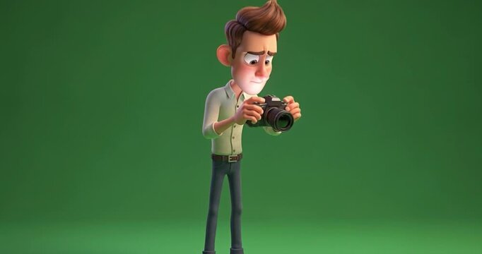 Animated man examining camera equipment on green screen background