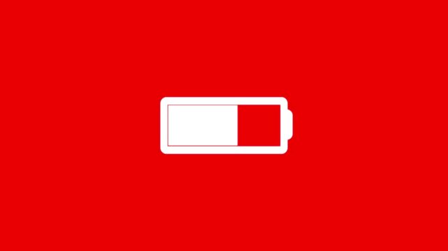 blue battery charging icon animation showing energy level increase on red screen background for mobile and technology concepts