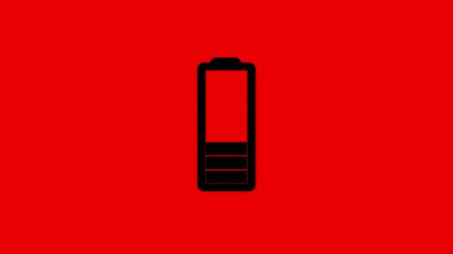 blue battery charging icon animation showing energy level increase on red screen background for mobile and technology concepts