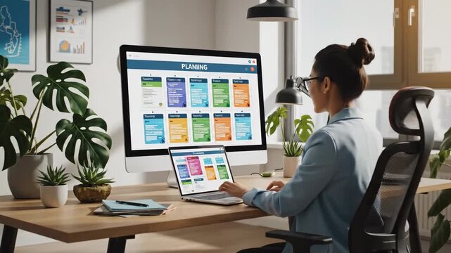 Asian businesswoman working at desk with computer and laptop planning project strategically in modern office space