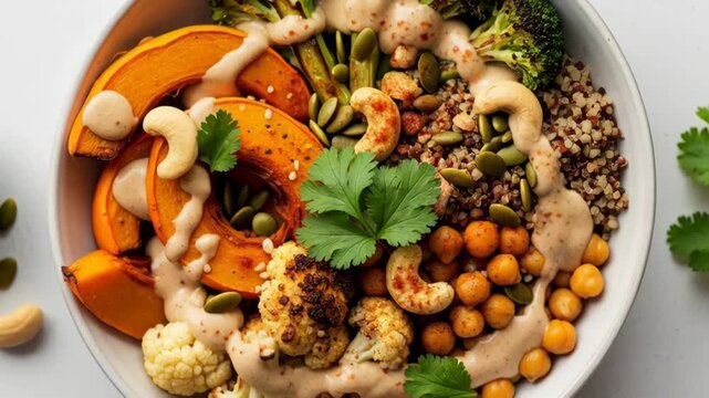 Roasted pumpkin and quinoa bowl with chickpeas, cashews and tahini drizzle. colorful vegan autumn bowl with broccoli, cauliflower, pepitas and fresh herbs.