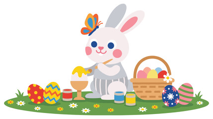 Fototapeta premium Easter bunny decorates eggs, basket of eggs, cheerful cartoon illustration