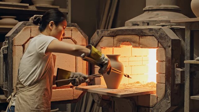Asian woman removing pottery from kiln in workshop studio craftswoman using protective gloves and tools firing ceramic art pieces handmade production