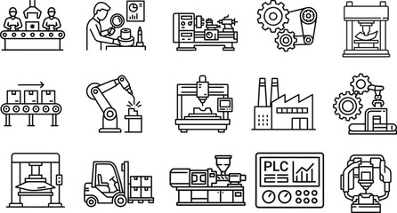 Fototapeta premium Line icon set robotic arms assembly lines forklift and factory machinery.