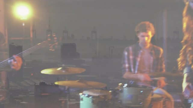 Drummer starting beat male vocalist stepping to mic overlays bringing singer forward drum kit music