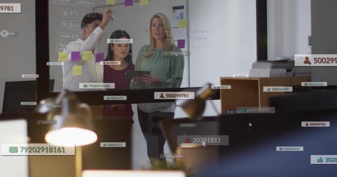 Man adding notes on glass, team consulting tablet, business planning, AR data labels appearing