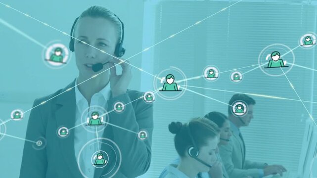 Support rep adjusting headset and speaking initiating animated network linking avatars for calls