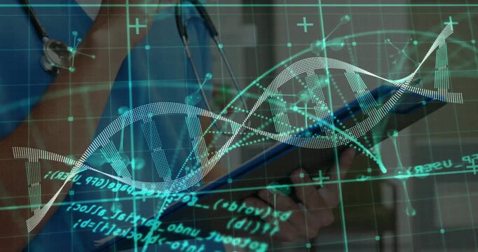 Doctor tapping tablet, animating DNA helix grids, code shifting for diagnosis, touching stethoscope