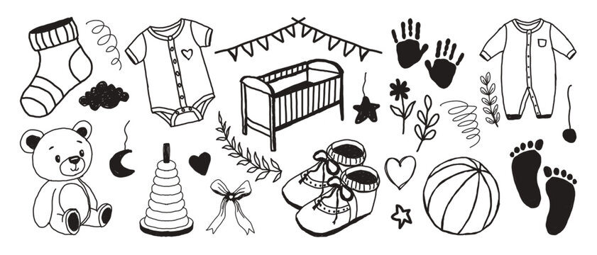 newborn baby Hand drawn black pen doodle set. with Baby pajamas, socks, Baby onesie and Stacking rings toy. best for t-shirt or baby 1st birthday invitation design.