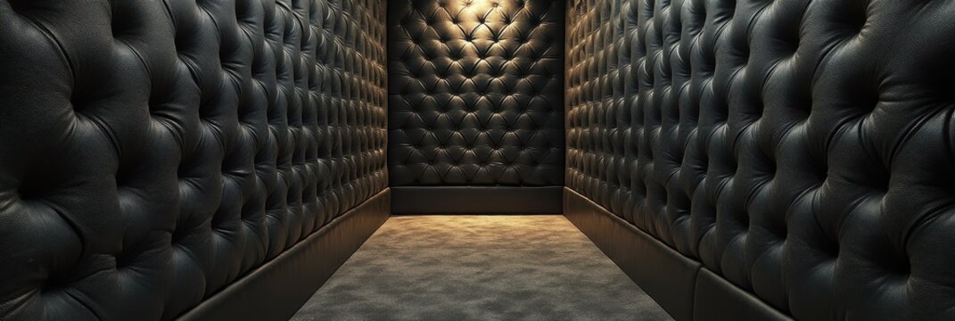 A dark black padded cell with soft cushioned walls, designed for isolation or therapy