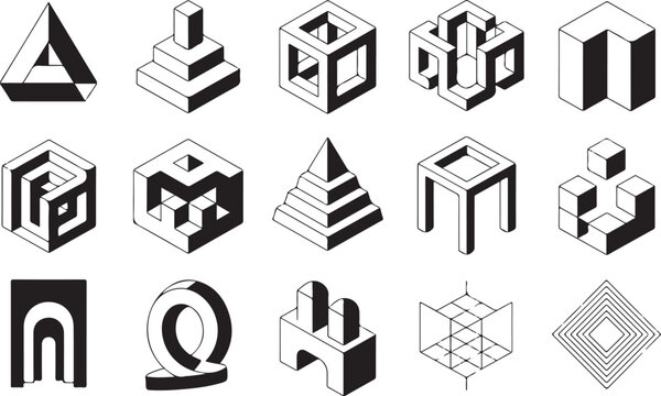 Collection of intricate impossible geometric shapes and optical illusion illustrations