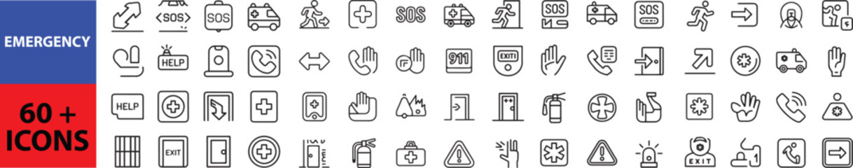 Emergency web icons in line style. Evacuation, SOS emergency call, ambulance, help, emergency hotline, exit, collection. Editable stroke. Outline icon in linear style