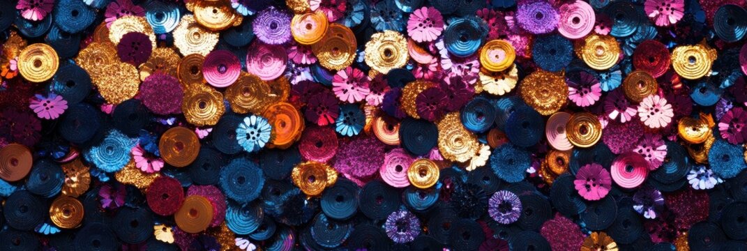 Vibrant pattern of metallic sequins in gold, pink, purple, and navy, scattered on a textured surface