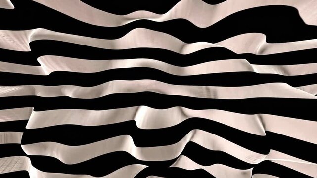 Abstract black and white liquid stripes waving in a smooth rhythmic flow creating a high contrast zebra pattern effect.
