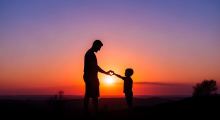 Fototapeta premium Father and Son Silhouette Making Heart Shape at Sunset