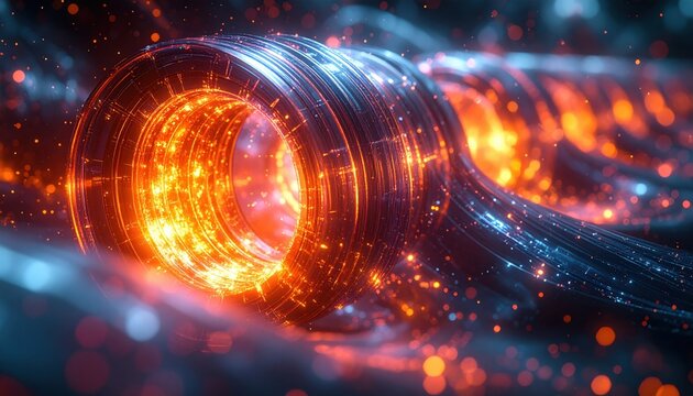 Intricate superconducting coils forming a toroidal quantum field generator with fiery energy bursts