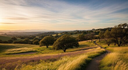 Fototapeta premium Golden Hour Sunset Over Rolling Hills with Scattered Trees and a Winding Path