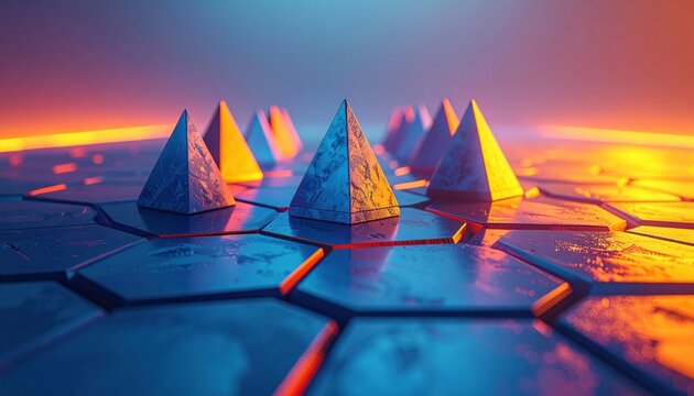 Abstract geometric pyramids representing territorial control on a stylized hexagonal surface with vibrant gradients