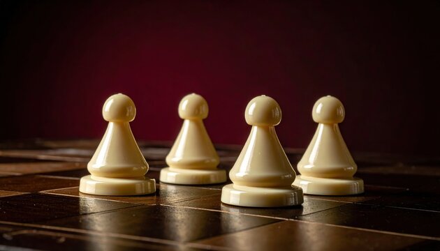 Four elegant polished ivory chess pawns arranged on a wooden board with a rich maroon background, showcasing minimalist design