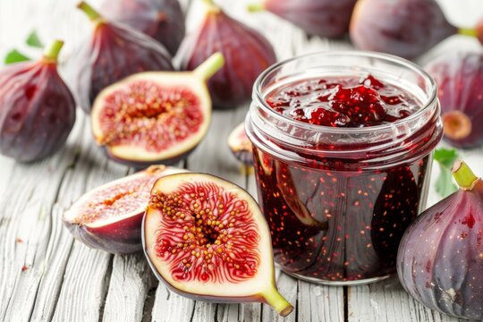Fig jam jar, sweet ficus carica confiture, canned fig marmalade, figa jelly in glass jar, fruit spread closeup