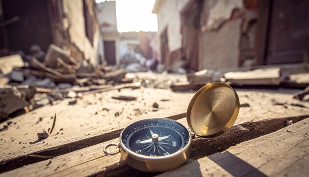 A cracked brass compass rests amidst scattered debris in a ruined urban environment, symbolizing lost direction and the challenge of finding a way forward.