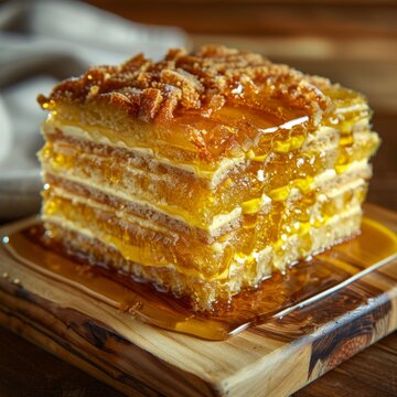 Honey cake slice, biscuit layered medovik dessert, homemade dessert with cream, sweet caramel pie