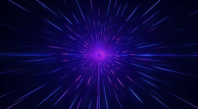 Hyperspace warp speed motion background, glowing purple and blue light streaks, cosmic starburst tunnel for sci-fi video transitions