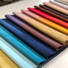 A close-up showcases vibrant fabric swatches, neatly arranged, in a spectrum of colors. The folded edges reveal texture and depth