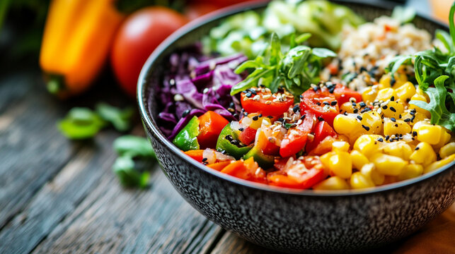 Close-up of healthy food bowl with colorful vegetables on wooden table, clean eating and nutrition lifestyle concept