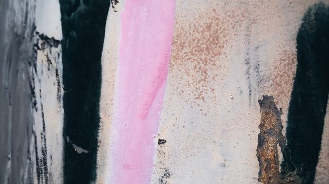 Spray paint and paint stains on an old metal surface, grungy metal surface with graffiti details closeup background