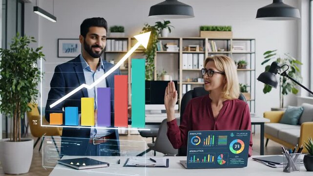 Business professionals analyzing data and growth trends for financial success in a modern office setting with animated graphics