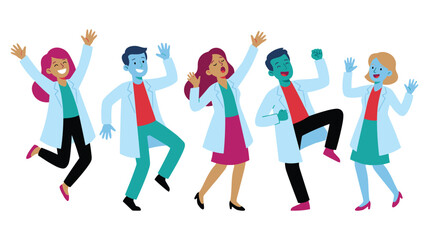 Excited diverse group of scientists celebrating success in lab coats