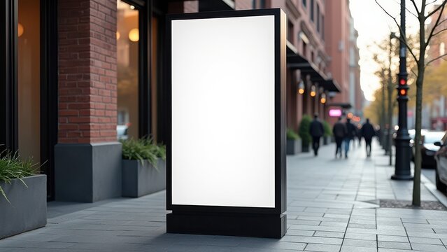 blank black vertical pylon stand mockup near brick building side view city signage template