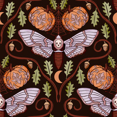 Cotton fabric Moody Gothic Halloween Skull Moth and Damask Pumpkin Watercolor Seamless Pattern with Oak Leaves and Crescent Moons for Autumn Textiles and Wallpaper