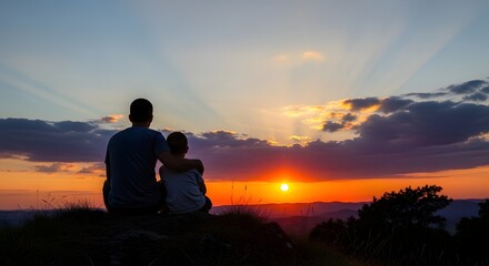 Obraz premium Father and son watching sunset from hilltop, silhouette, rays of light, bonding, family