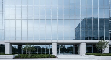 Obraz premium Modern Office Building Facade with Glass Windows Reflecting the Sky