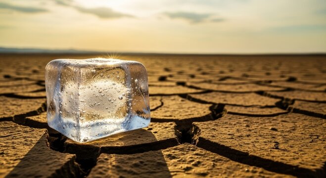 Melting Ice Cube on Cracked Dry Earth Symbolizing Climate Change and Drought