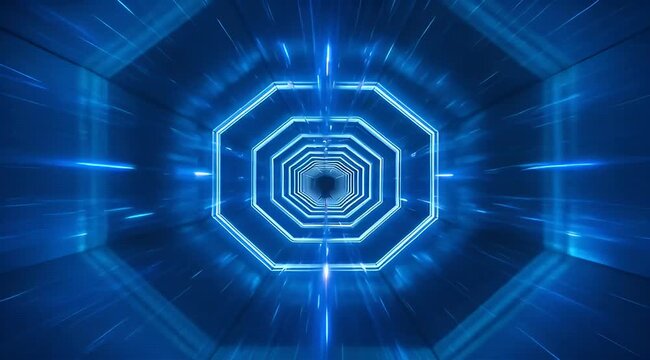 Hyperspace tunnel of glowing blue octagonal shapes and streaks of light