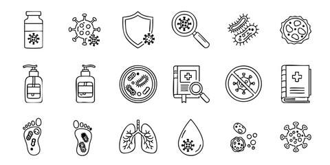 Fototapeta premium Various medical icons depict virus protection measures and symptoms.