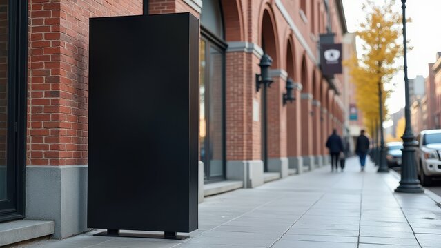 blank black vertical pylon stand mockup near brick building side view city signage template