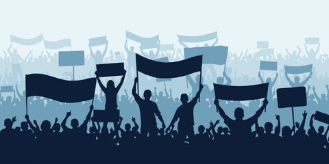 A crowd of people protest with flags and signs in a public square at night. © Dhani