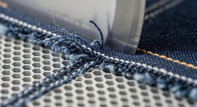 textile cutting machine trims selvedge denim showcasing frayed edge and stitching on a honeycomb surface.