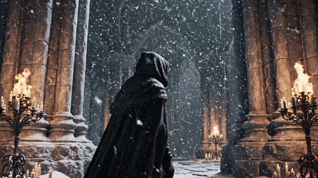 Cloaked figure in snowy ancient hallway with candles and stone pillars creating an atmospheric and mysterious scene