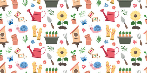 Seamless gardening pattern with watering can sunflower carrots potted plants gloves trowel fork seed packets birdhouse butterfly and snail © Mariana
